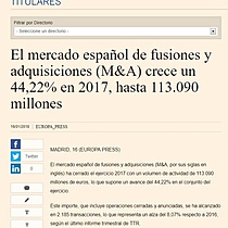 El mercado espaol de fusiones y adquisiciones (M&A) crece un 44,22% en 2017, hasta 113.090 millones